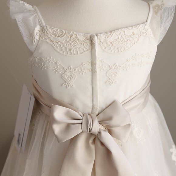 Stunning Ivory Flower Girl Embroidered Lace Tulle Dress Champagne Sash NWT - Picture 8 of 9